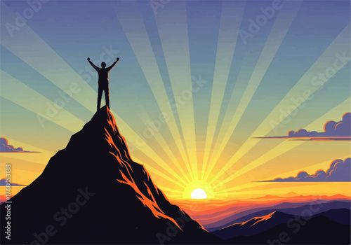 Silhouette of a person standing atop a mountain peak with arms raised, celebrating success against a backdrop of a radiant sunrise.