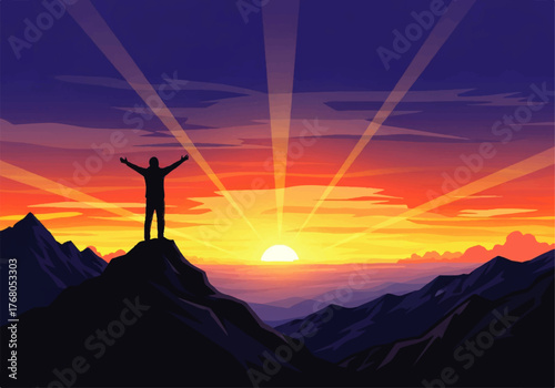 Silhouette of a person standing on a mountain peak with arms raised, celebrating a vibrant sunset over a mountainous landscape.
