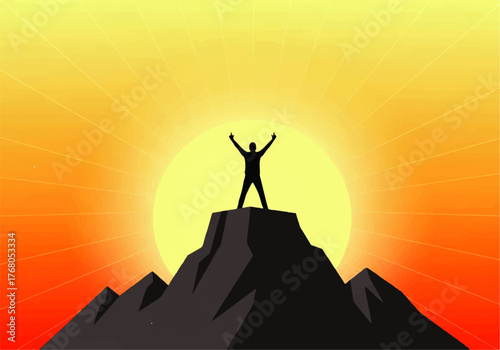 Silhouette of a person standing on a mountain peak with arms raised against a bright, radiant sunset.