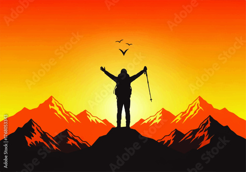 Silhouette of a hiker standing atop a mountain peak with arms raised against a vibrant orange sunset sky and distant mountains.