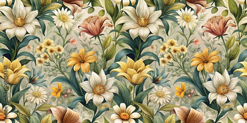 Vibrant floral pattern featuring a mix of colorful flowers and lush greenery.