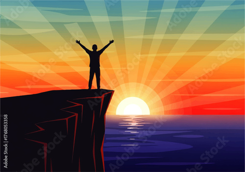 Silhouette of a person standing on a cliff with arms raised, facing a vibrant sunrise over the ocean.