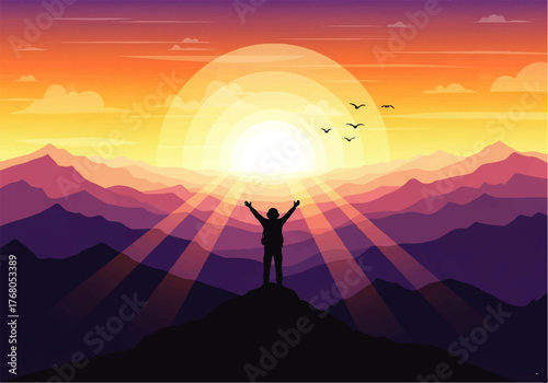 Silhouette of a person standing on a mountain peak with arms raised towards a bright, colorful sunrise over a mountain range.