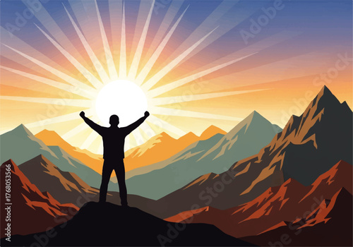 Silhouette of a person standing atop a mountain with arms raised, facing a bright, radiant sunrise over a mountainous landscape.