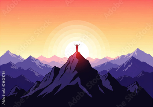 Silhouette of a person standing atop a mountain peak with arms raised against a vibrant sunrise or sunset.