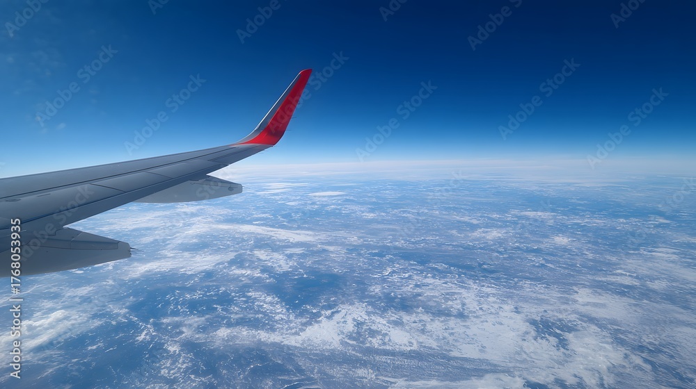 Fototapeta premium Aircraft wing extends over expansive earth surface viewed from high altitude on clear day