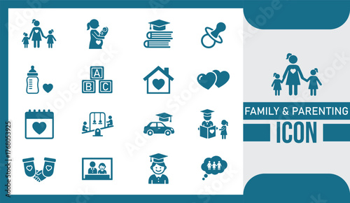  Minimalist Family and Parenting Icon Set Modern Flat Vector Collection Depicting Family Life, Parenthood, Childcare, and Relationship Symbols