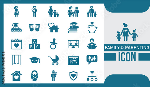  Minimalist Family and Parenting Icon Set Modern Flat Vector Collection Depicting Family Life, Parenthood, Childcare, and Relationship Symbols
