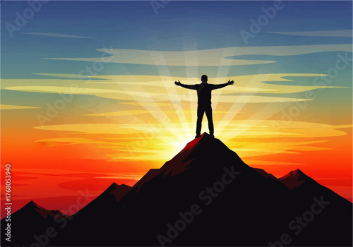 Silhouette of a person standing atop a mountain with arms outstretched, basking in the glow of the rising or setting sun.