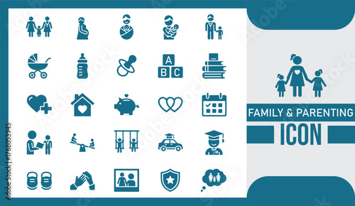  Minimalist Family and Parenting Icon Set Modern Flat Vector Collection Depicting Family Life, Parenthood, Childcare, and Relationship Symbols