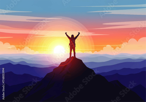 Silhouette of a hiker with arms raised in victory standing on a mountain peak at sunrise, with a colorful sky and layered mountain range.