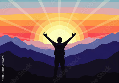 Silhouette of a hiker with arms raised in triumph against a vibrant sunrise over a mountainous landscape.