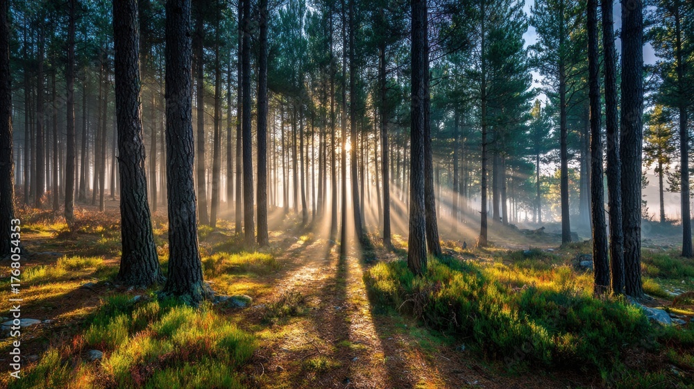 Naklejka premium A serene forest scene with sunlight filtering through the trees, creating a warm and inviting atmosphere.