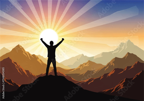 Silhouette of a person standing atop a mountain with arms raised towards a bright, rising sun, set against a backdrop of layered mountain ranges.