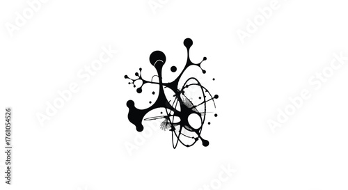 Abstract organic black ink splash forming a complex molecular structure on white