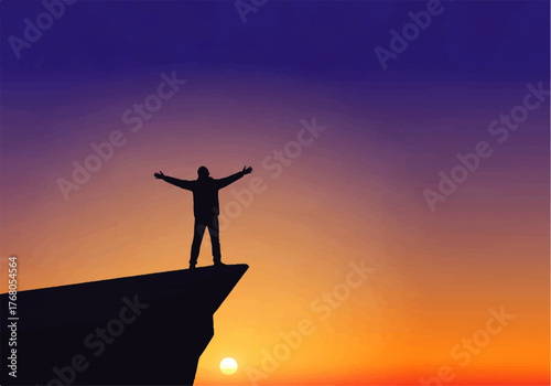 Silhouette of a person standing on a cliff edge with arms outstretched against a vibrant sunset sky.