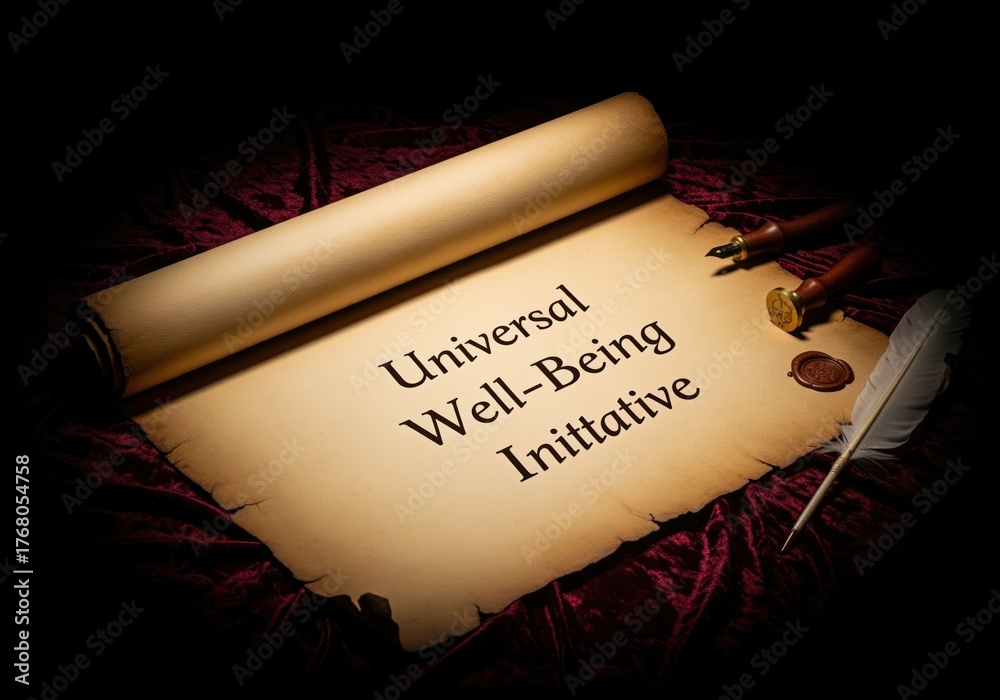 Fototapeta premium Universal well being initiative written on ancient parchment scroll with quill pen