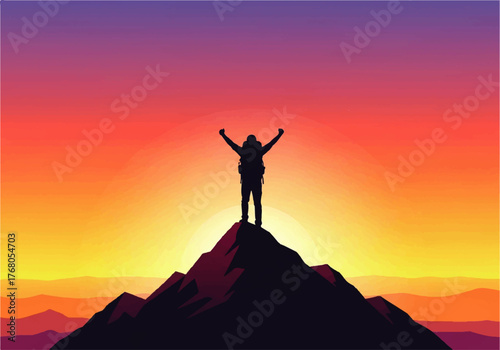 Silhouette of a hiker with backpack standing on a mountain peak with arms raised against a vibrant sunset.