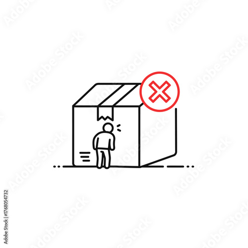 Damaged package with a person and a red cross symbol.