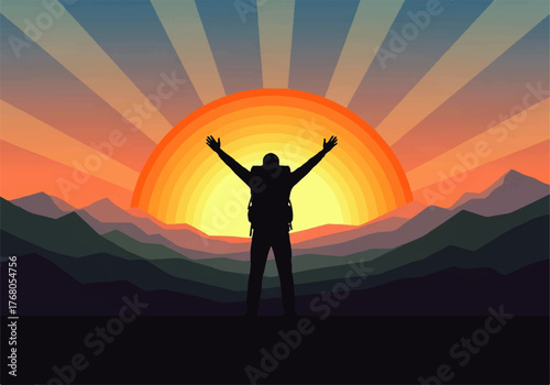 Silhouette of a hiker with backpack raising arms in triumph against a vibrant sunset over layered mountains.