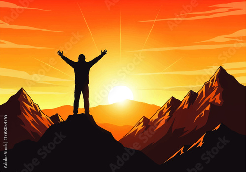 Silhouette of a person standing on a mountain peak with arms raised against a vibrant orange and yellow sunset sky.