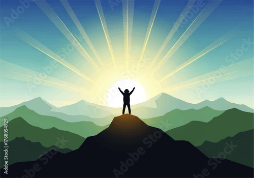 Silhouette of a person standing on a mountain peak with arms raised towards a bright, rising sun and mountain range.