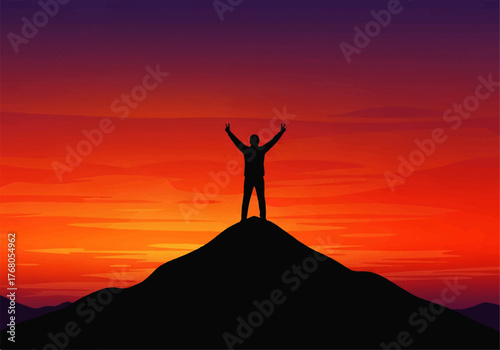 Silhouette of a person standing on a mountain peak with arms raised against a vibrant sunset sky.