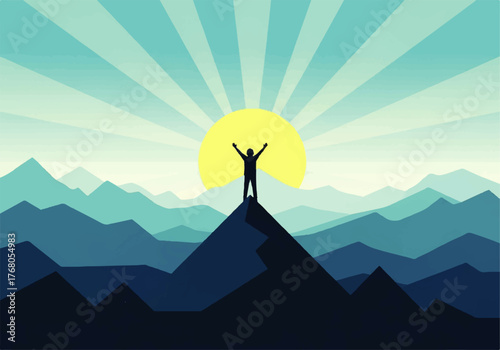 Silhouette of a person standing atop a mountain peak with arms raised in triumph against a radiant sunburst.
