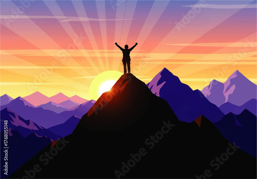 Silhouette of a person standing atop a mountain peak with arms raised against a vibrant sunset and mountain range.