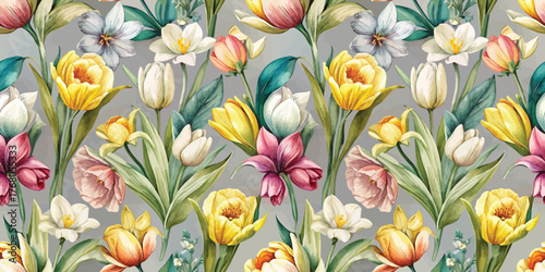Vibrant floral pattern featuring a variety of colorful tulips and lilies against a soft gray background.