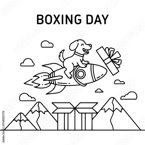 Boxing Day celebration. A dog is delivering gifts on a rocket. Holiday offers and fast shipping concept. Minimal line art vector illustration. Isolated on white background.