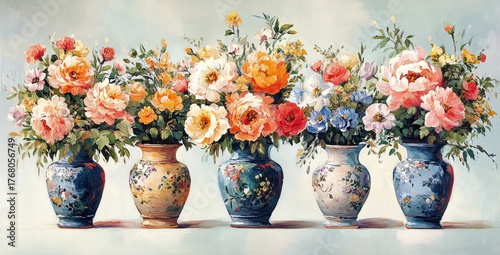 Wallpaper Mural Five decorative ceramic vases filled with colorful blooming flowers including roses and peonies arranged in a row on a light surface against a soft background Torontodigital.ca
