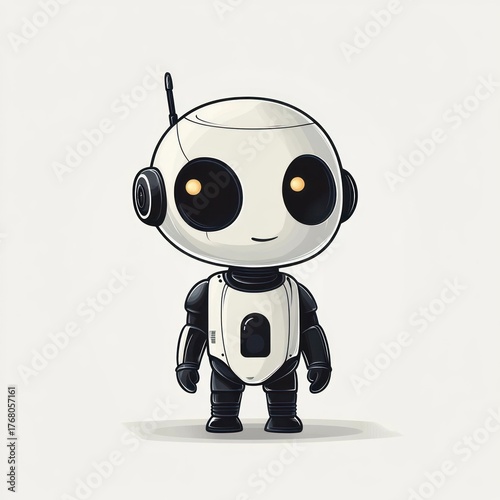cute small robot with big round eyes and antenna smiling gently on plain background