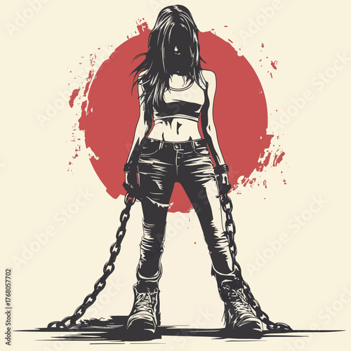 Stylized Woman with Sneakers and Heavy Chain Ball Illustration   , vector style simple color