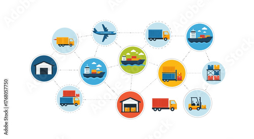 A network illustration showing various elements of logistics and supply chain management, including transport modes, warehouses, and cargo.