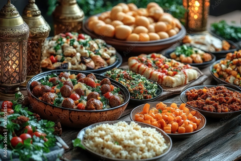 Obraz premium A festive table spread with a variety of colorful Middle Eastern dishes including rice, meatballs, fresh salads, flatbread topped with vegetables, and round pastries, illuminated by ornate lanterns