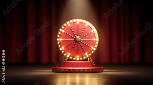 Illumination highlights a spinning opportunity wheel mounted on a circular platform before dark drapery