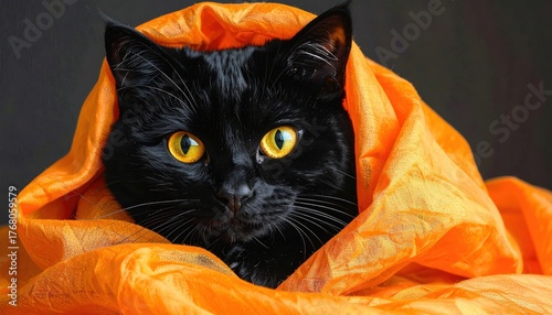A black cat emerges from an orange fabric, glowing eyes