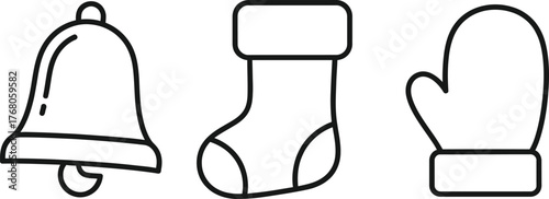 Christmas icons with bell, stocking, and mitten in outline style