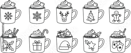 Christmas cocoa mug collection with decorative toppings