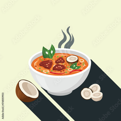 Delicious steaming bowl of spicy Asian coconut curry soup.