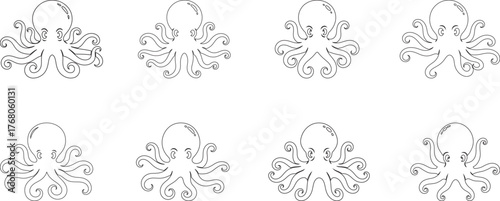 Eight black octopus line art vector art illustrations with curly tentacles, isolated on a white background.