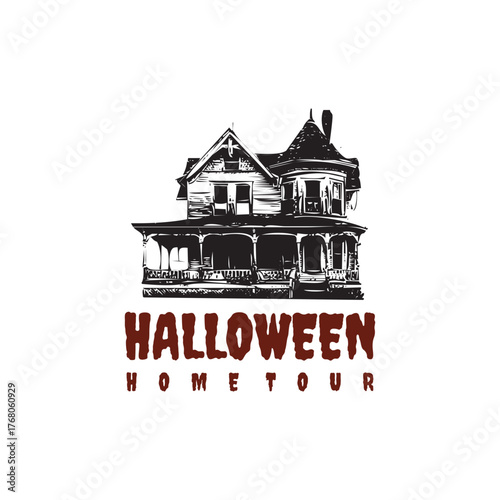 Eerie Halloween home tour featuring a spooky, vintage-style house illustration evokes anticipation