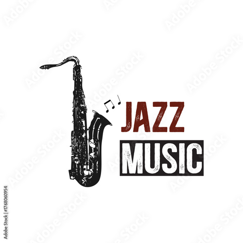 Elegant saxophone illustration with jazz music lettering design creates a vibrant composition