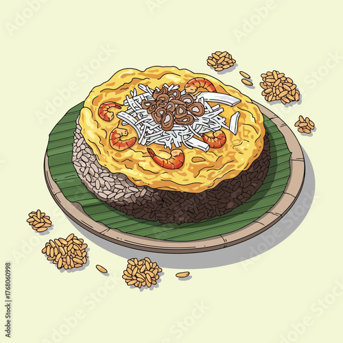 Delicious Thai Rice Dish with Omelette and Shrimp.