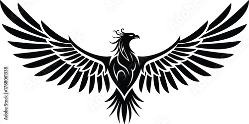 Phoenix bird silhouette vector, mythical firebird illustration, tribal winged design, tattoo art symbol of rebirth and strength