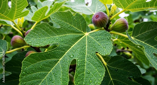 Ripe purple and green figs growing on a branch with large green leaves covered in water droplets fig tree