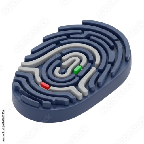 Fingerprint maze puzzle, challenging concept of identification and security. Illustration of a maze shaped like a fingerprint, representing identity and intricate pathways