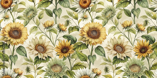 Vibrant floral pattern featuring sunflowers on a soft, neutral background.