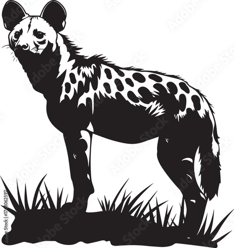 A black and white illustration of a hyena standing in a grassy field with its head raised and ears perked up.